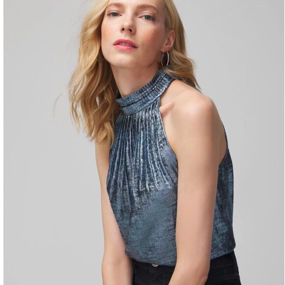 WHBM Halter Pleated Shell Top Blue Metallic 0 - Picture 4 of 10